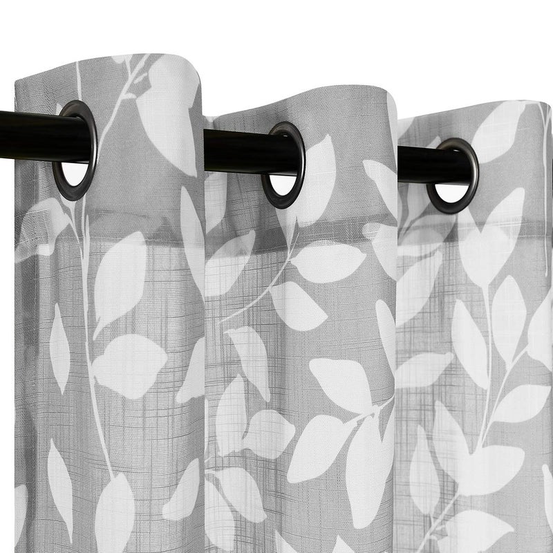 Treatmentex Grey Semi-Sheer Curtains for Bedroom 95" Long White Leaf Print Curtains for Living Room Grommet Top Window Panels, 1 Pair - Image 3